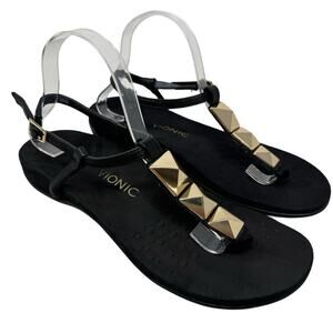 Vionic Orthaheel REST NALA Gold Studded Leather T-Strap Sandals BLK Pristine US9